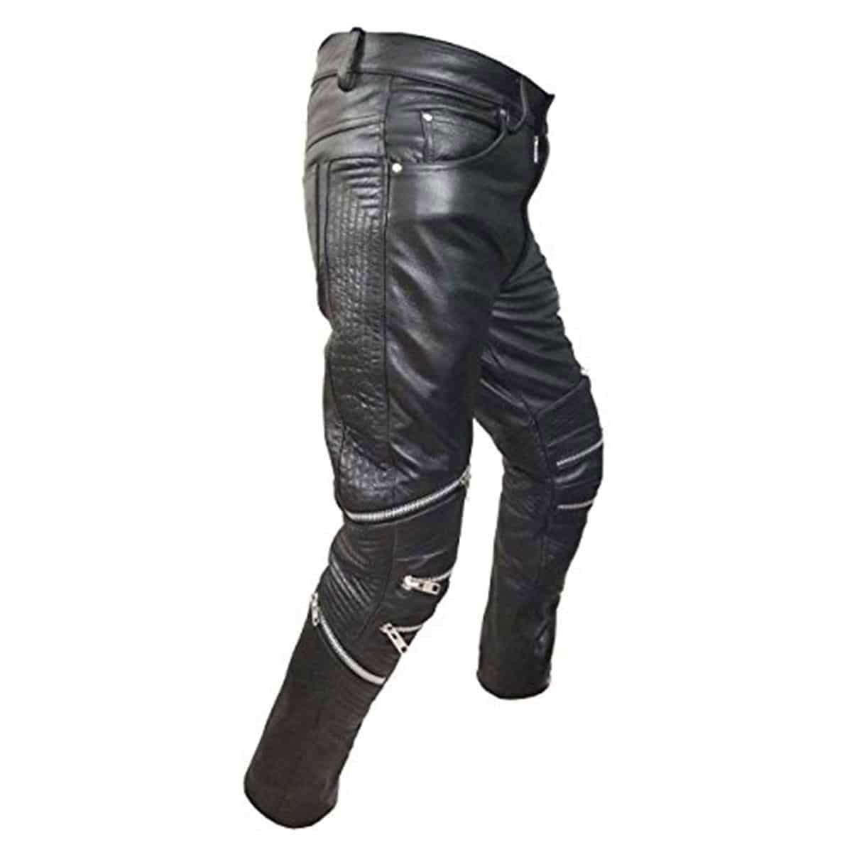 Men's Black Leather Biker Trousers – Quilted Knees, view 2