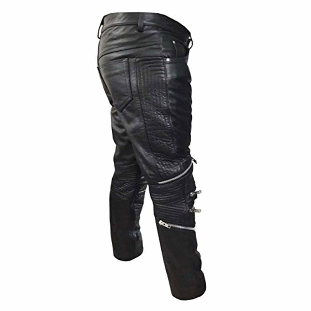 Men's Black Leather Biker Trousers – Quilted Knees, view 4