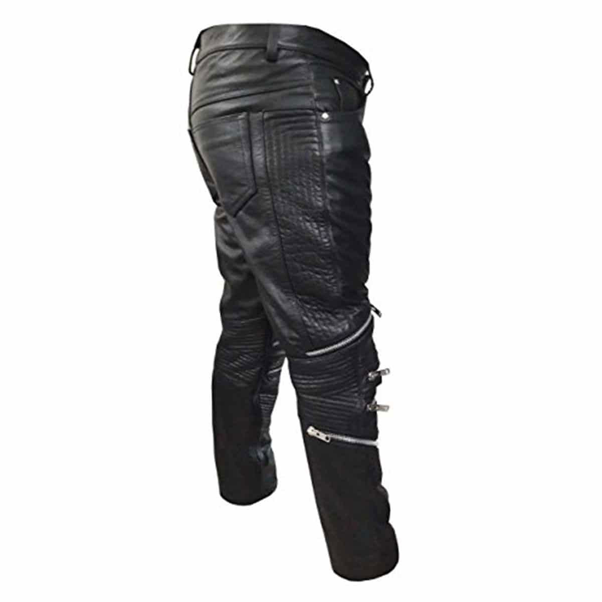 Men's Black Leather Biker Trousers – Quilted Knees, view 4