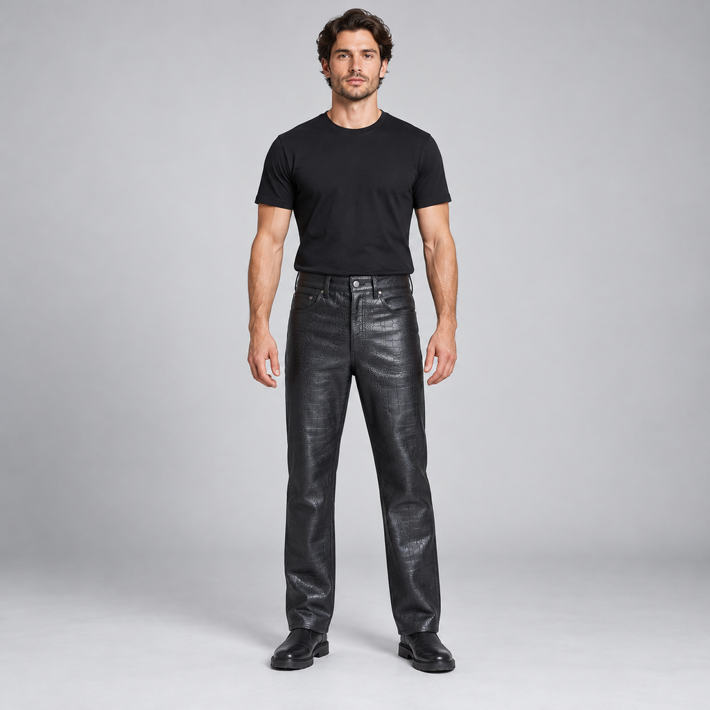 Men's Black Leather Biker Trousers – Quilted Knees, Zip Hems