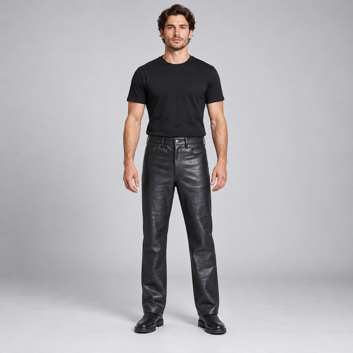 Men's Black Leather Biker Trousers – Quilted Knees, Zip Hems