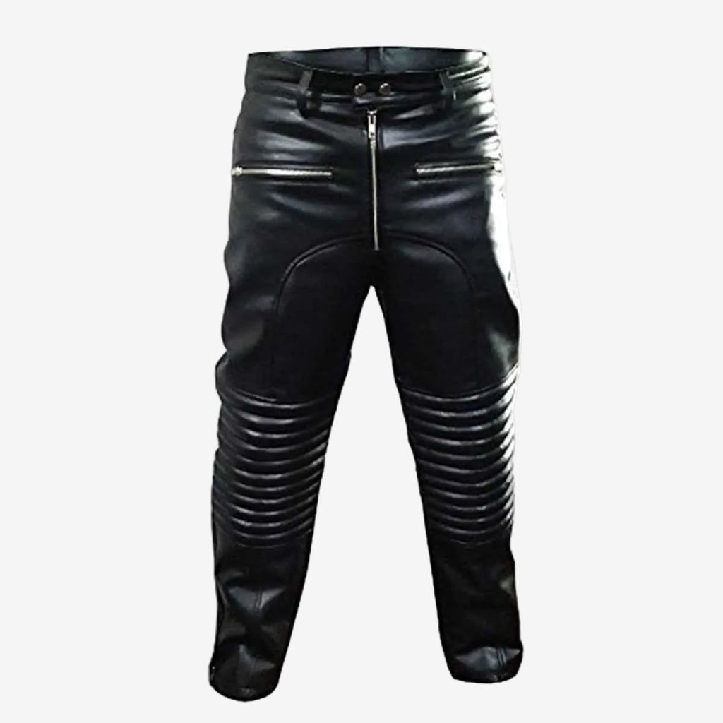 Men's Black Leather Biker Trousers – Quilted Knees, Zip Hems, view 2