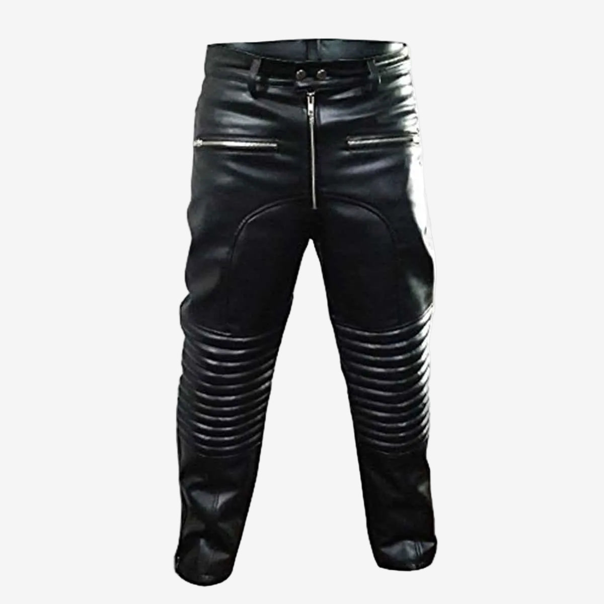 Men's Black Leather Biker Trousers – Quilted Knees, Zip Hems, view 2