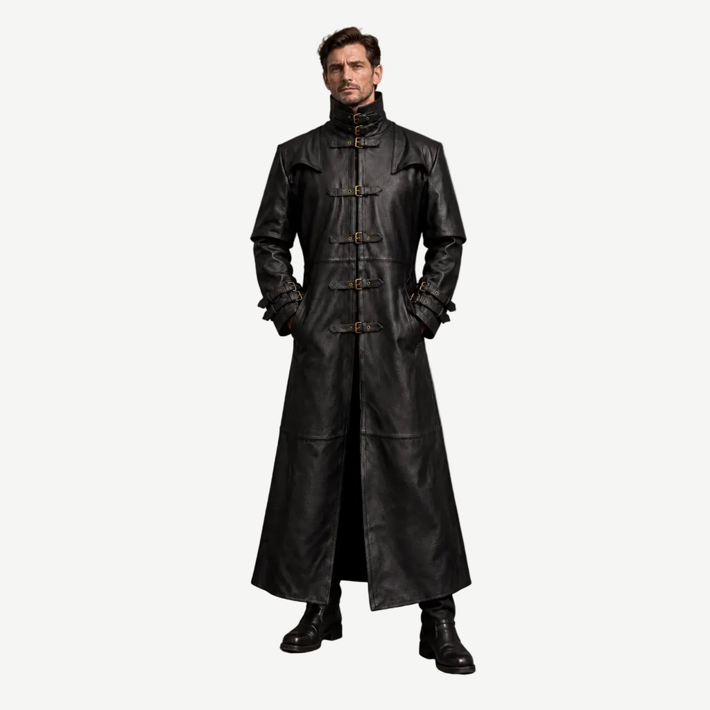 Men's Black Leather Caped Duster – Five-Buckle Front