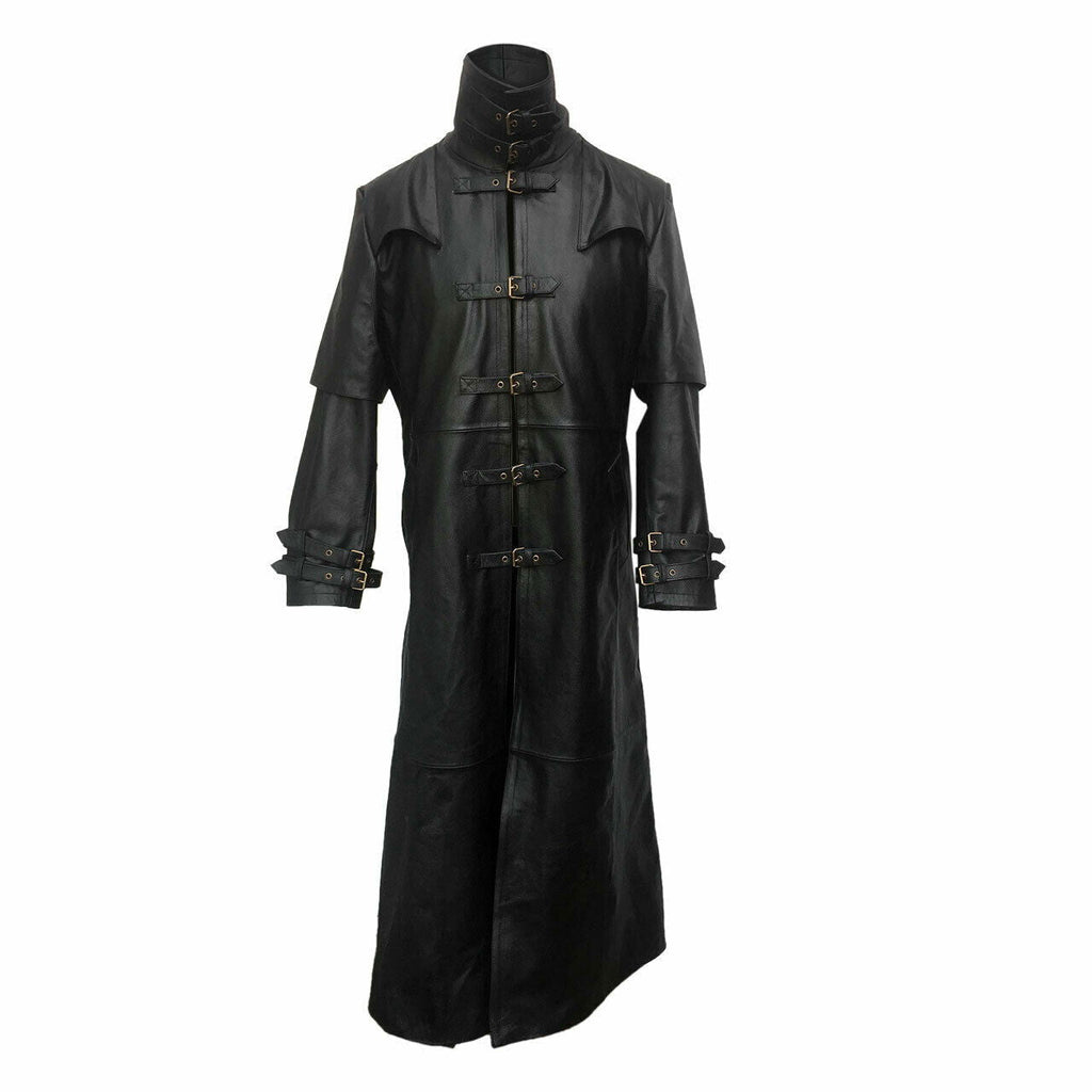 Men's Black Leather Caped Duster – Five-Buckle Front, view 2