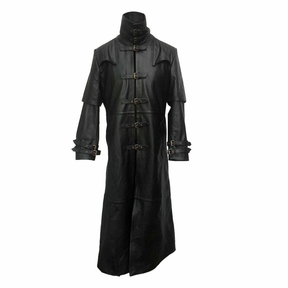 Men's Black Leather Caped Duster – Five-Buckle Front, view 2