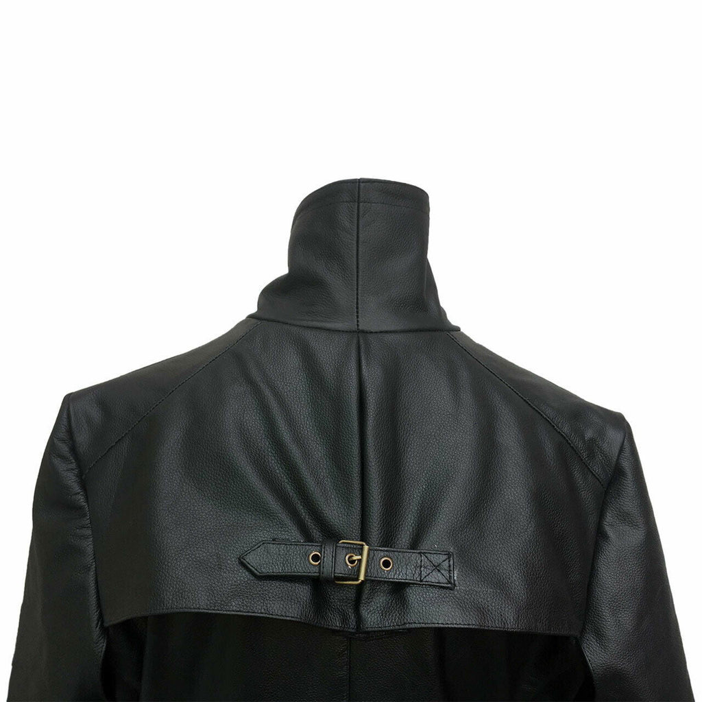 Men's Black Leather Caped Duster – Five-Buckle Front, view 3