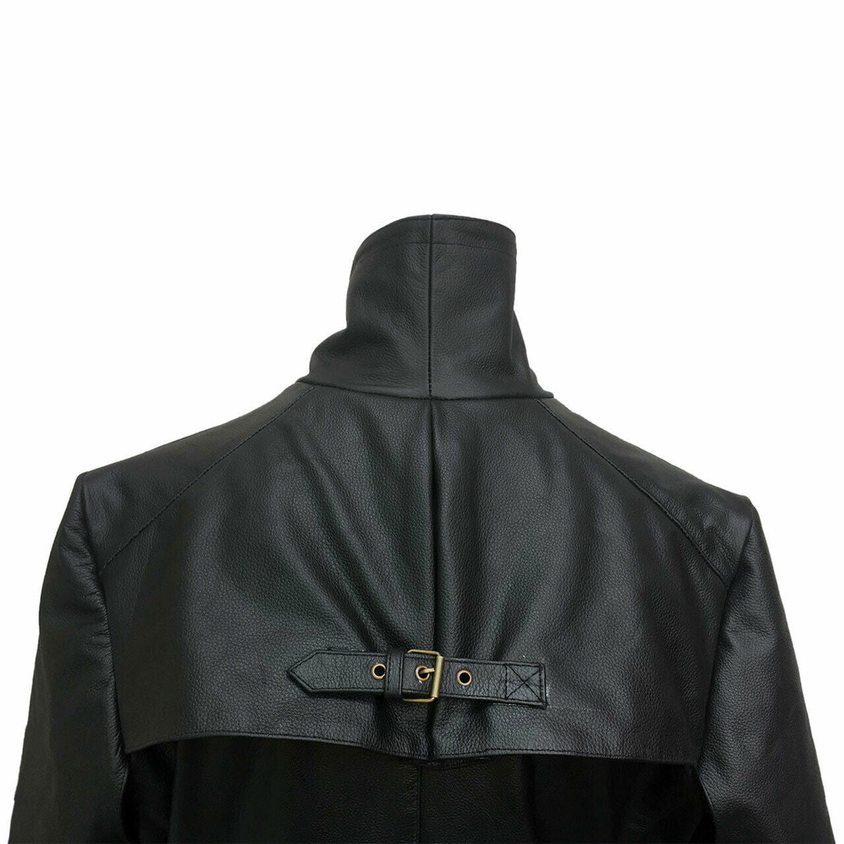 Men's Black Leather Caped Duster – Five-Buckle Front, view 3