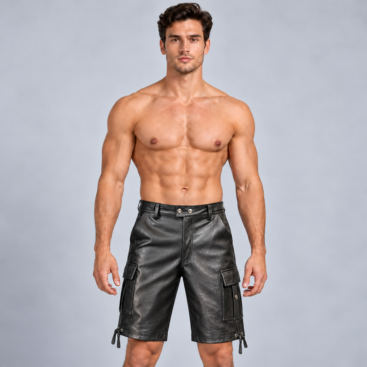 Men's Black Leather Cargo Shorts – Six Pockets