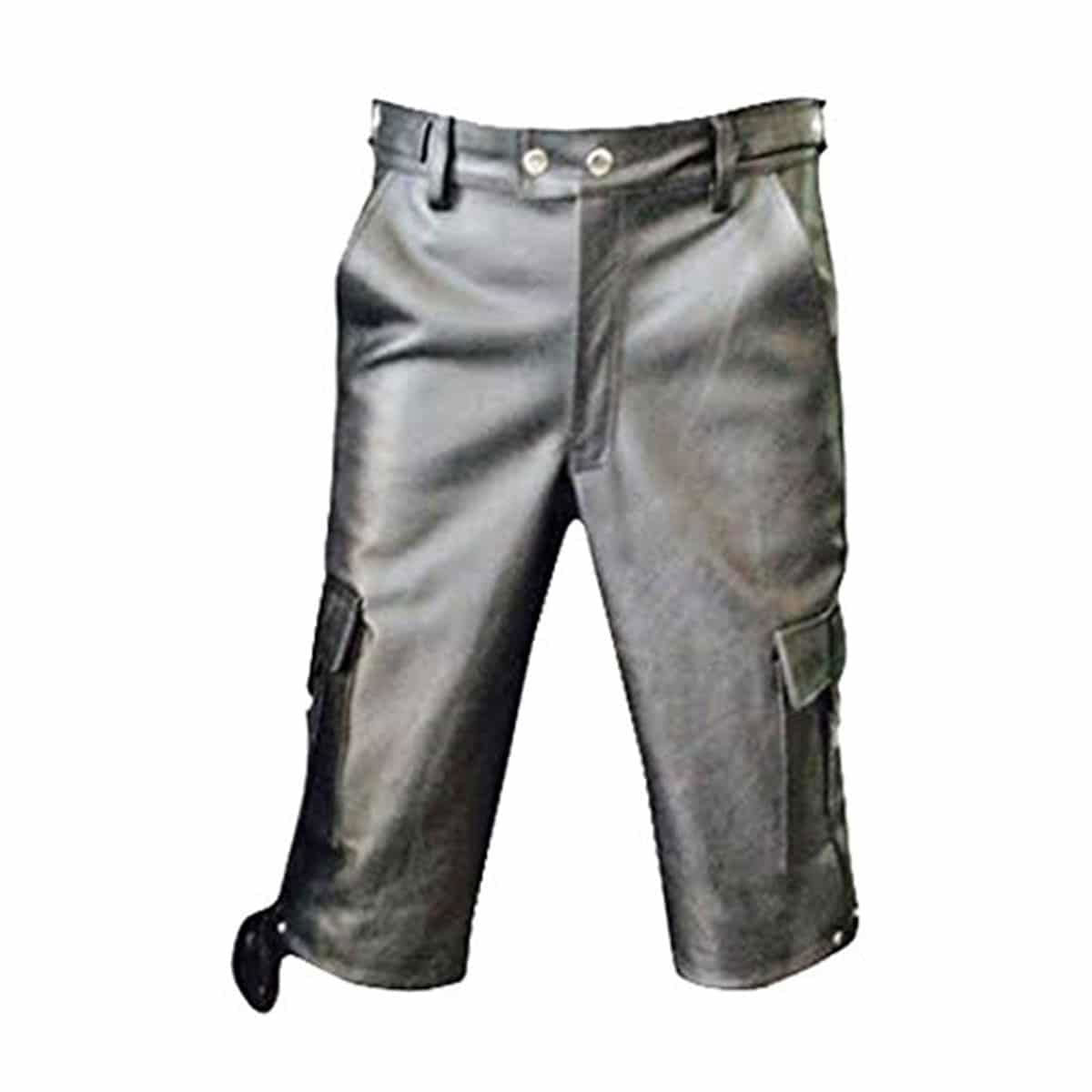 Men's Black Leather Cargo Shorts – Six Pockets, view 2