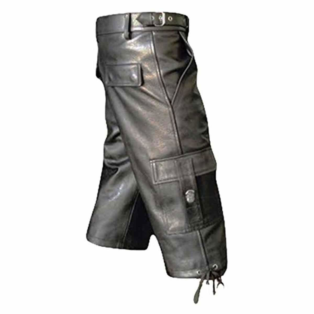 Men's Black Leather Cargo Shorts – Six Pockets, view 4