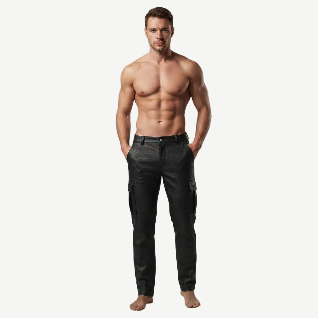 Men's Black Leather Cargo Trousers – Six Pockets