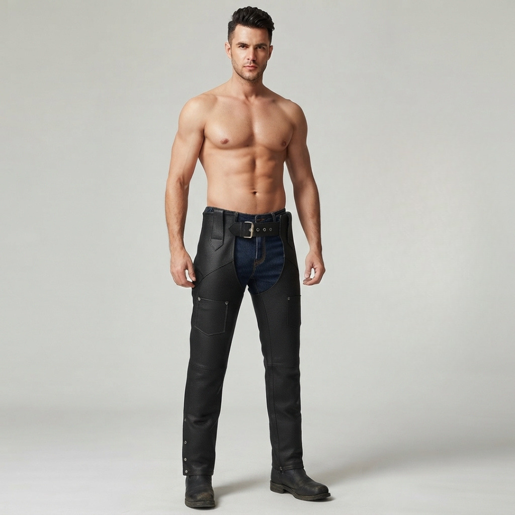 Men's Black Leather Chaps – Inside-Leg Zips