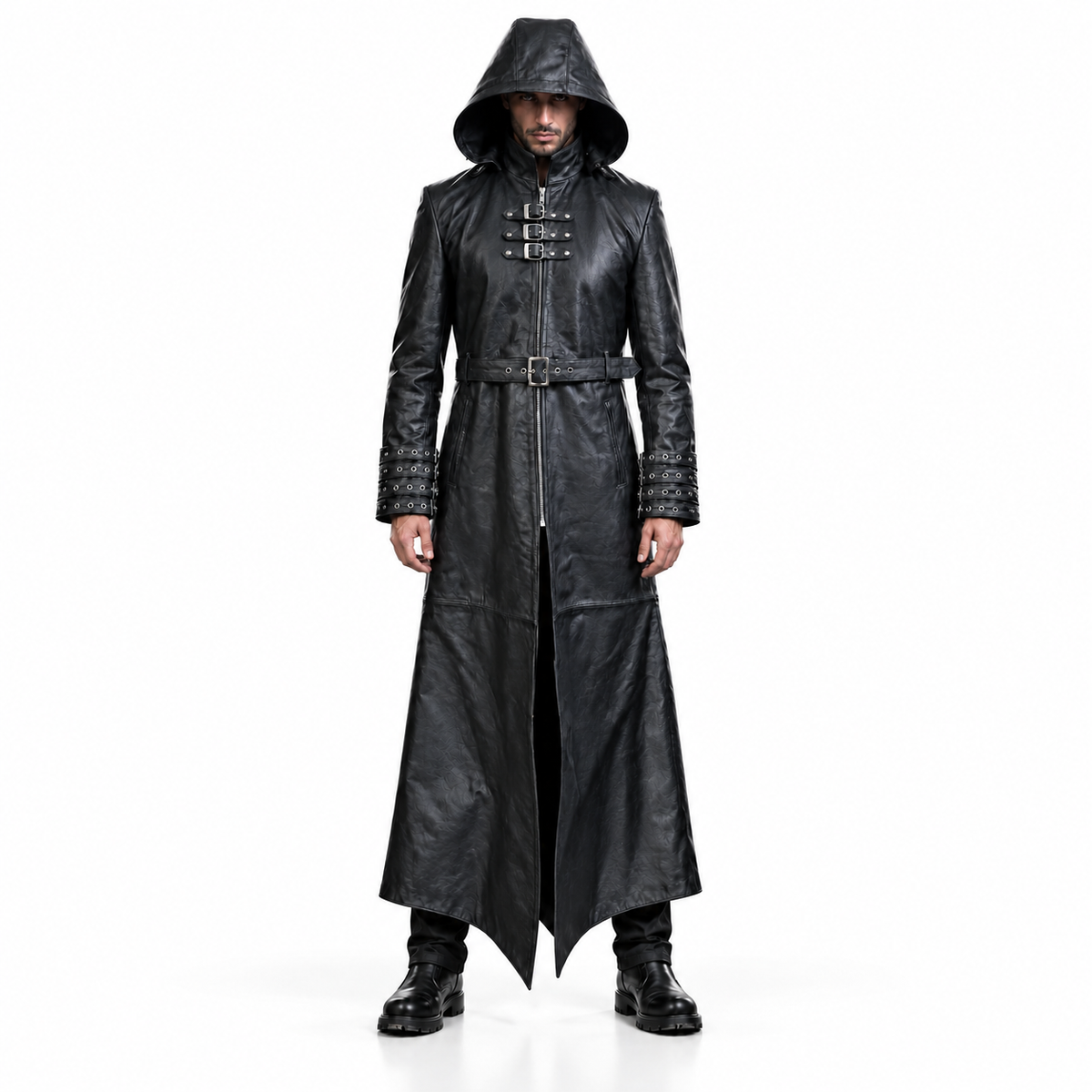 Men's Black Leather Coat – Removable Hood, Buckled Cuffs