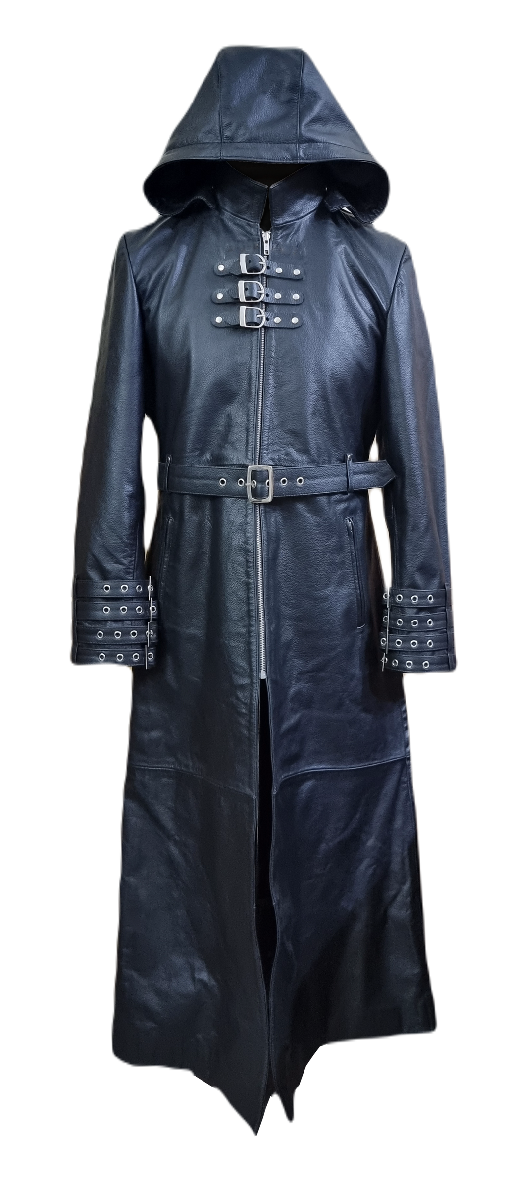 Men's Black Leather Coat – Removable Hood, Buckled Cuffs, view 2