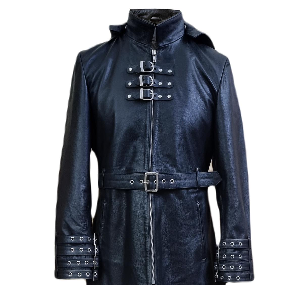 Men's Black Leather Coat – Removable Hood, Buckled Cuffs, view 3