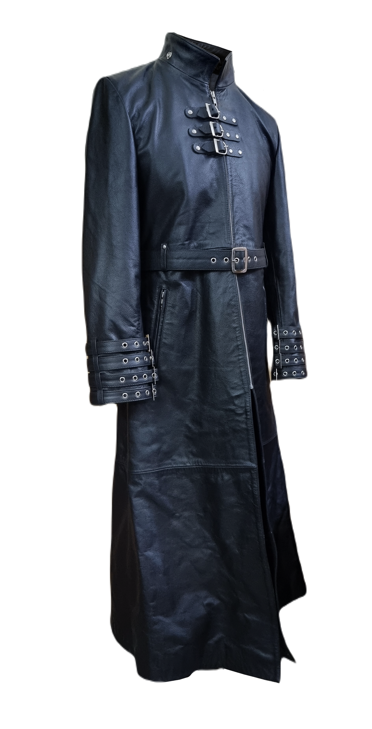 Men's Black Leather Coat – Removable Hood, Buckled Cuffs, view 4