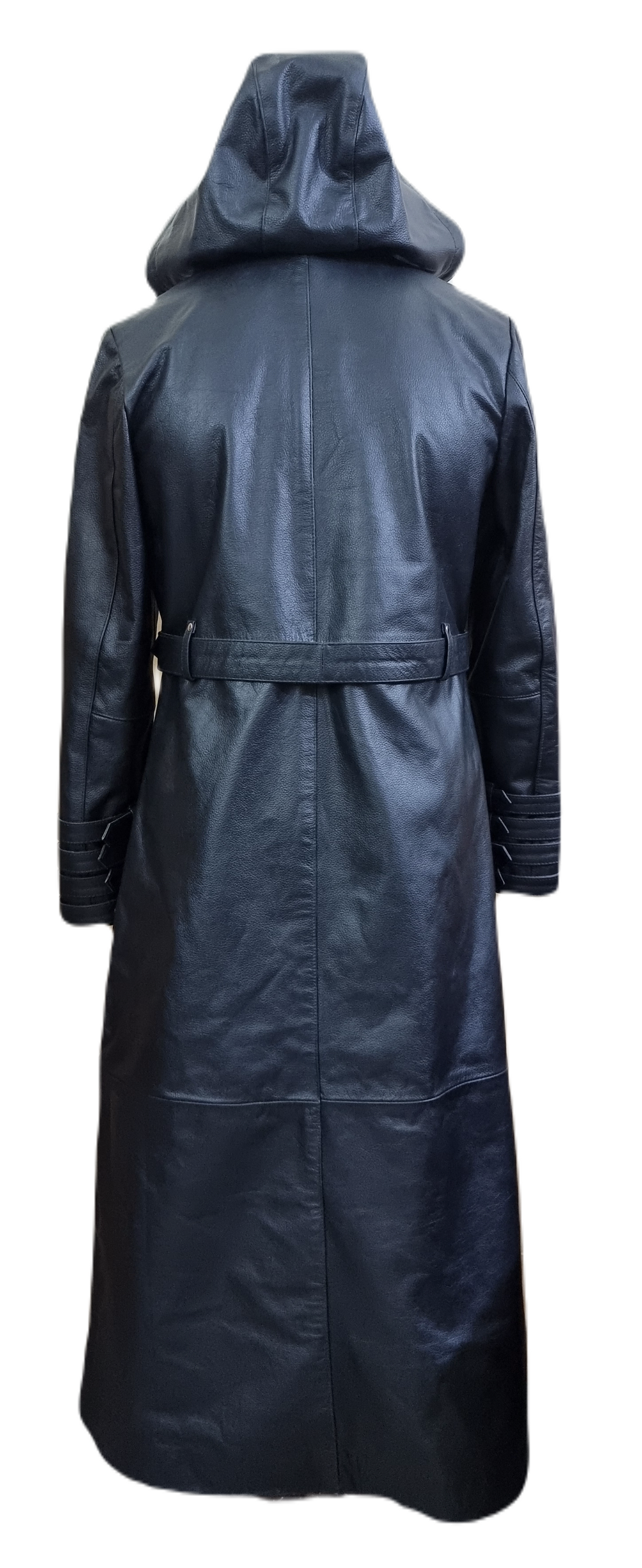 Men's Black Leather Coat – Removable Hood, Buckled Cuffs, view 5