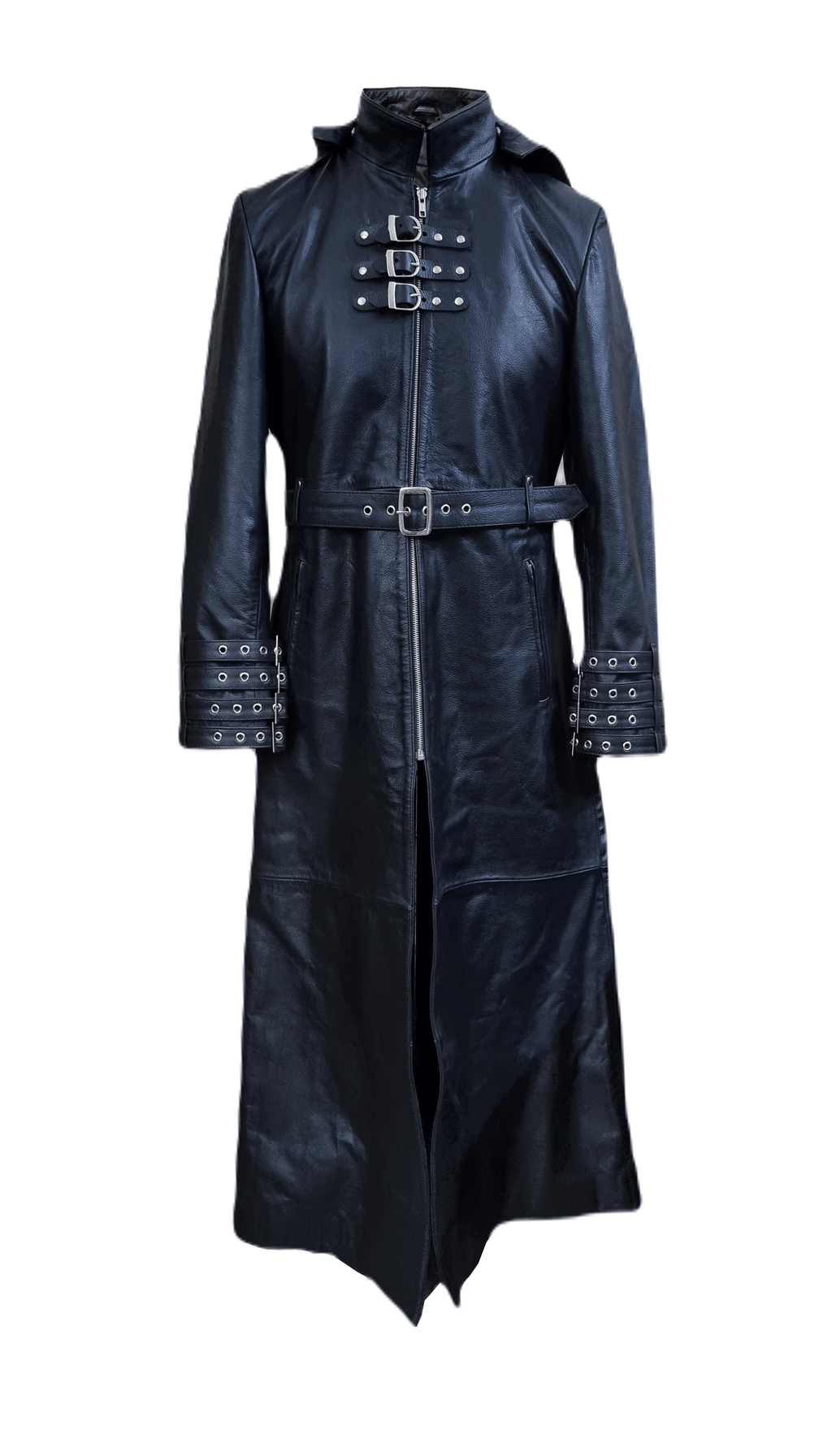 Men's Black Leather Coat – Removable Hood, Buckled Cuffs, view 6