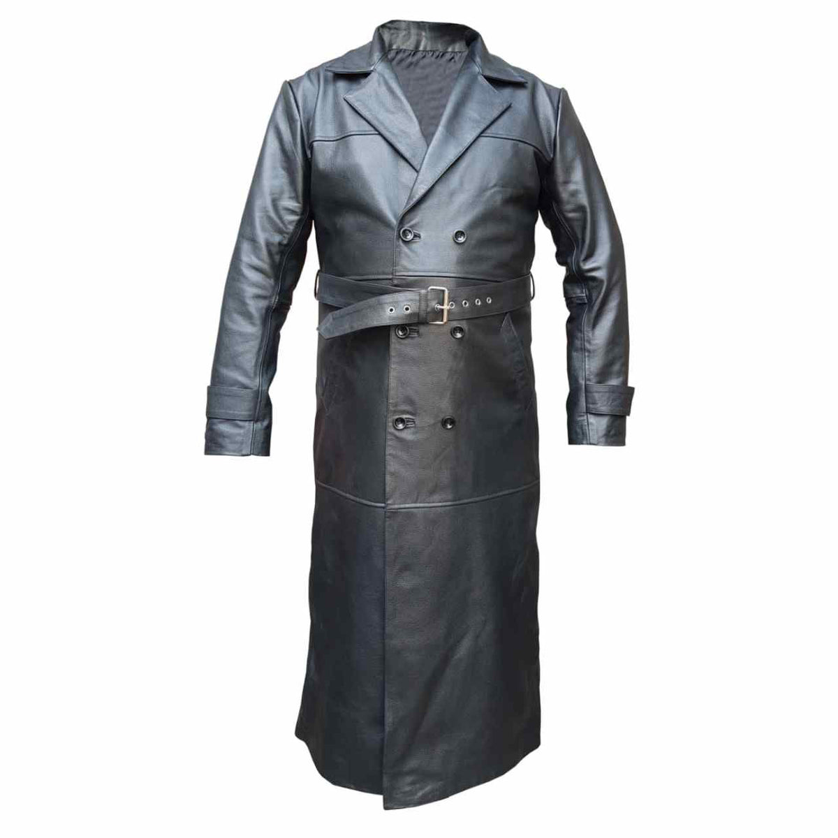 Men's Black Leather Double-Breasted Trench Coat