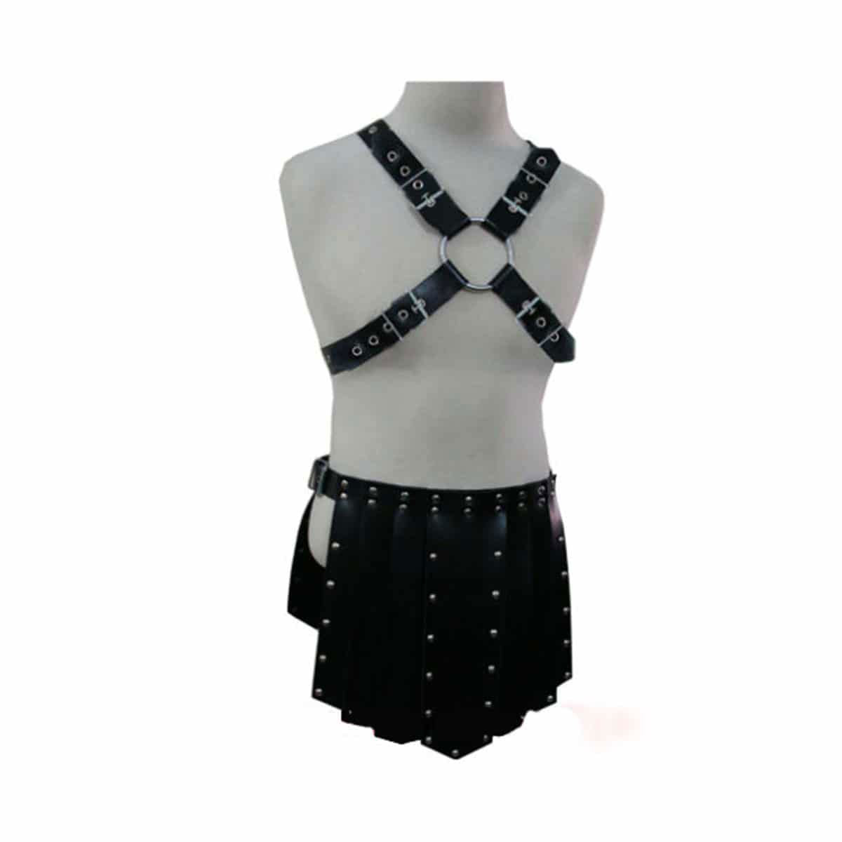 Men's Black Leather Gladiator Kilt & Chest Harness Set, view 2