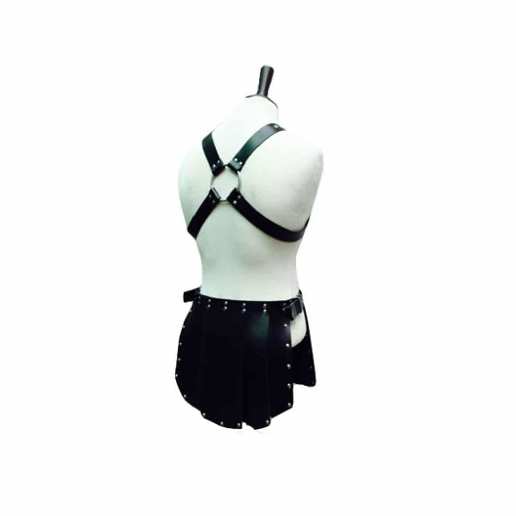 Men's Black Leather Gladiator Kilt & Chest Harness Set, view 4