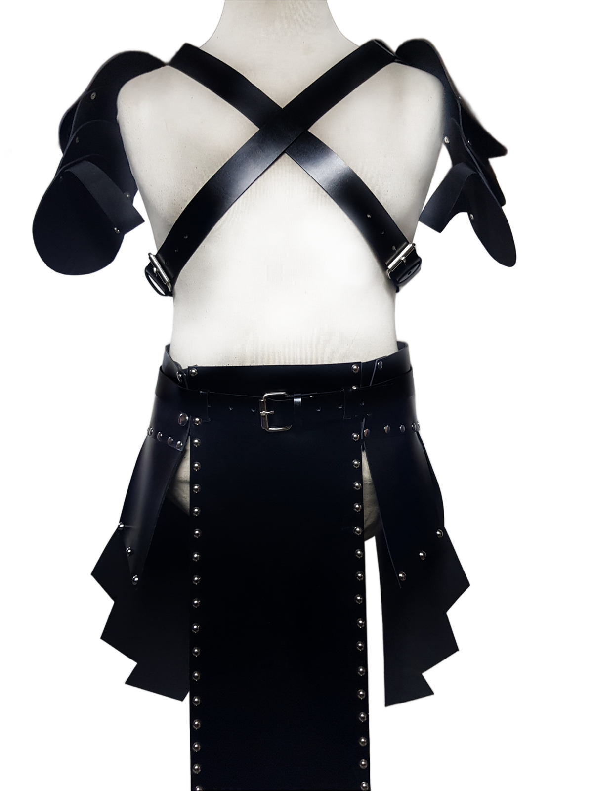 Men's Black Leather Gladiator Kilt with Shoulder Armour