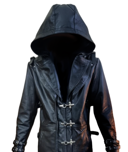 Men's Black Leather Hooded Coat – Croc-Print Hood, view 3