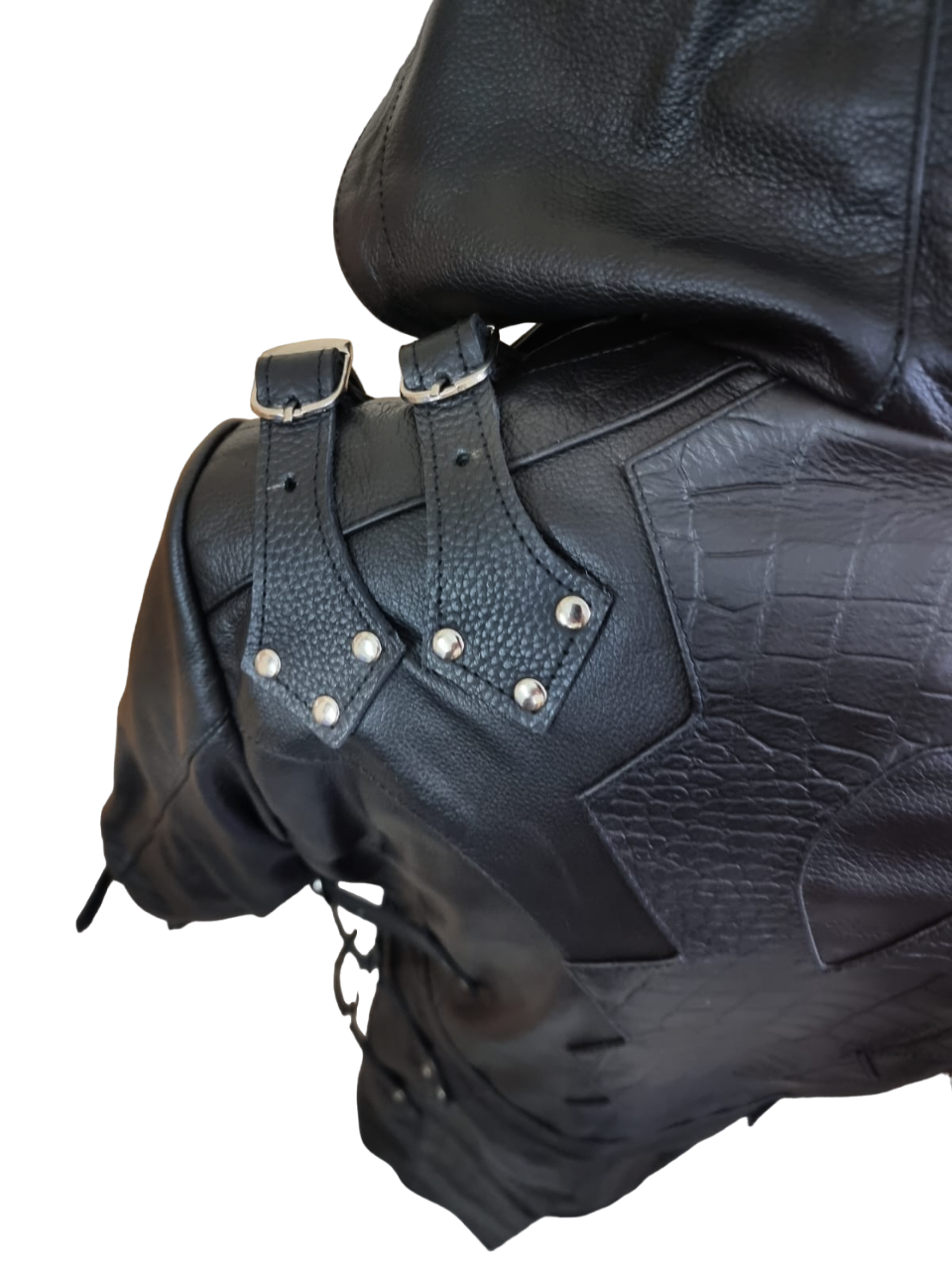 Men's Black Leather Hooded Coat – Croc-Print Hood, view 7