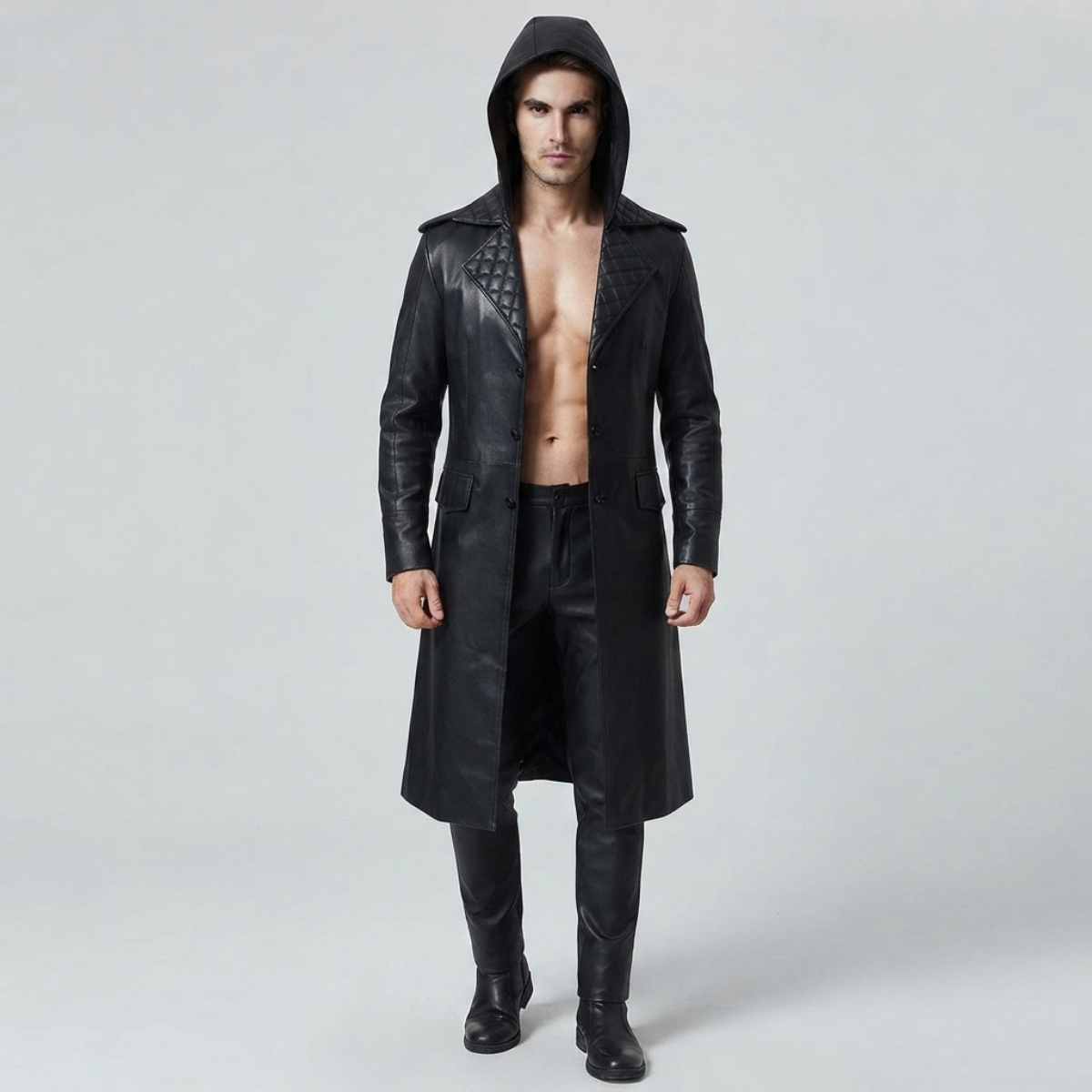 Men's Black Leather Hooded Coat – Quilted Lapels