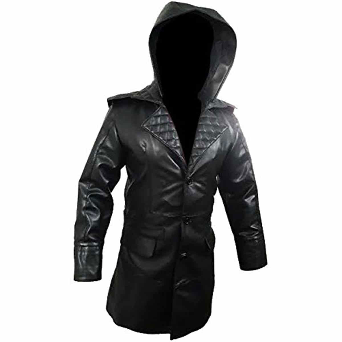 Men's Black Leather Hooded Coat – Quilted Lapels, view 2