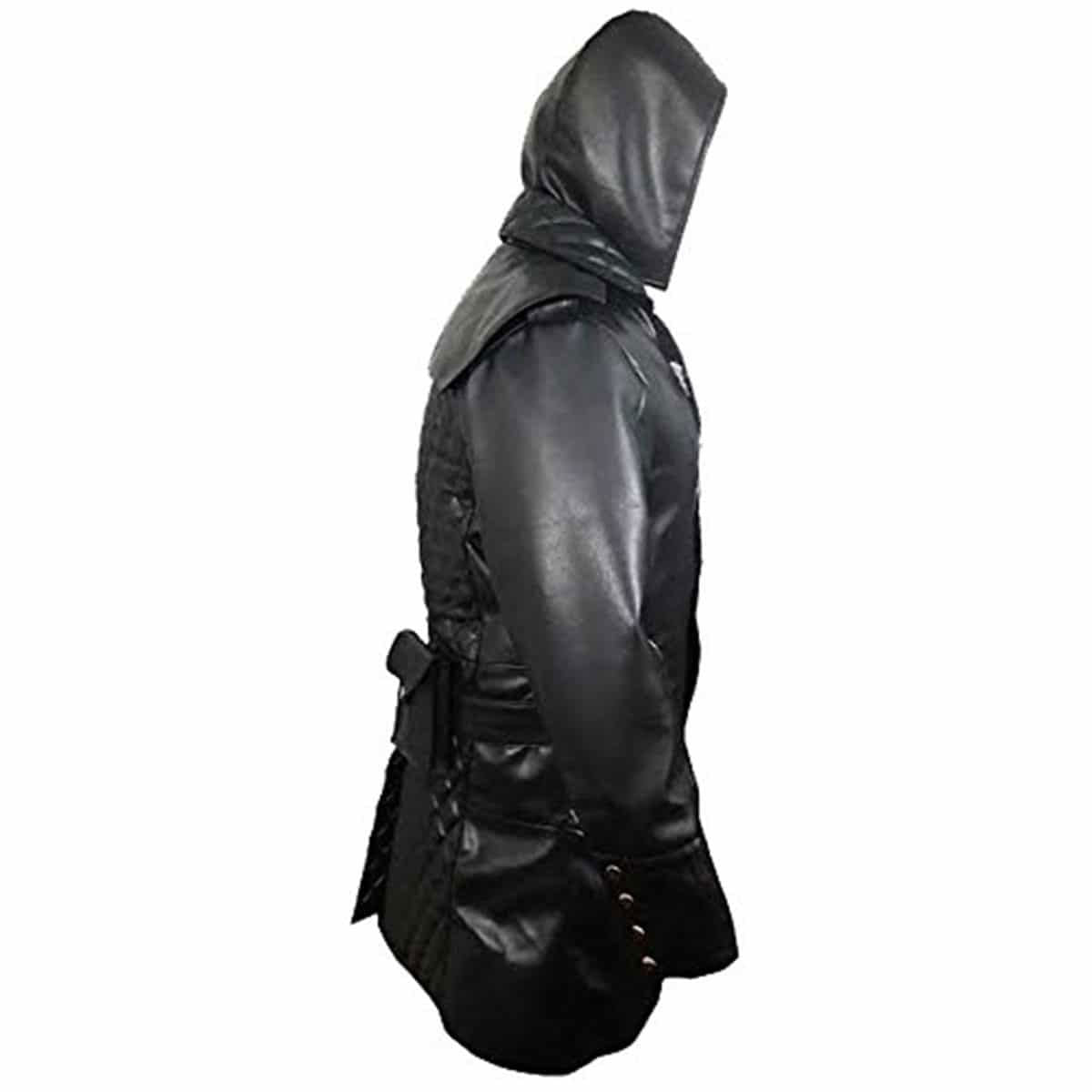 Men's Black Leather Hooded Coat – Quilted Lapels, view 3