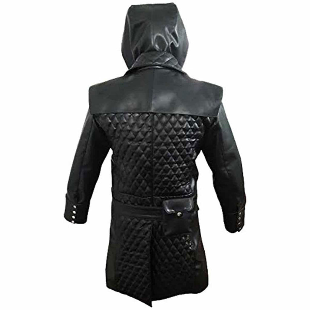 Men's Black Leather Hooded Coat – Quilted Lapels, view 4