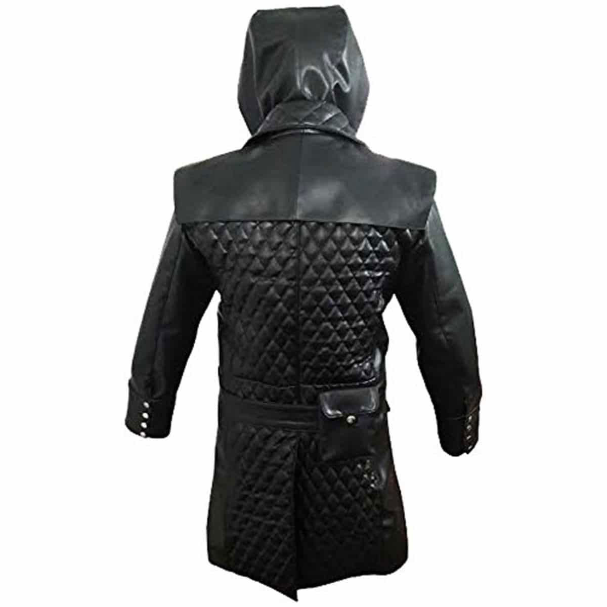 Men's Black Leather Hooded Coat – Quilted Lapels, view 4