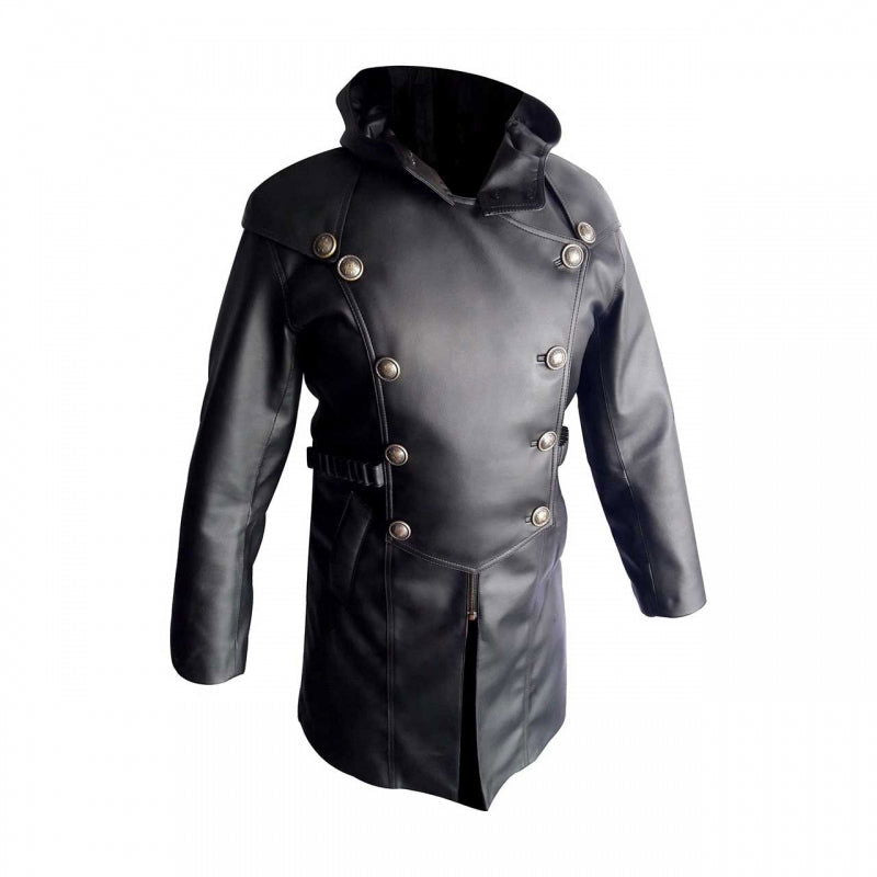 Men's Black Leather Hooded Coat – Side Zip, Strap Belts
