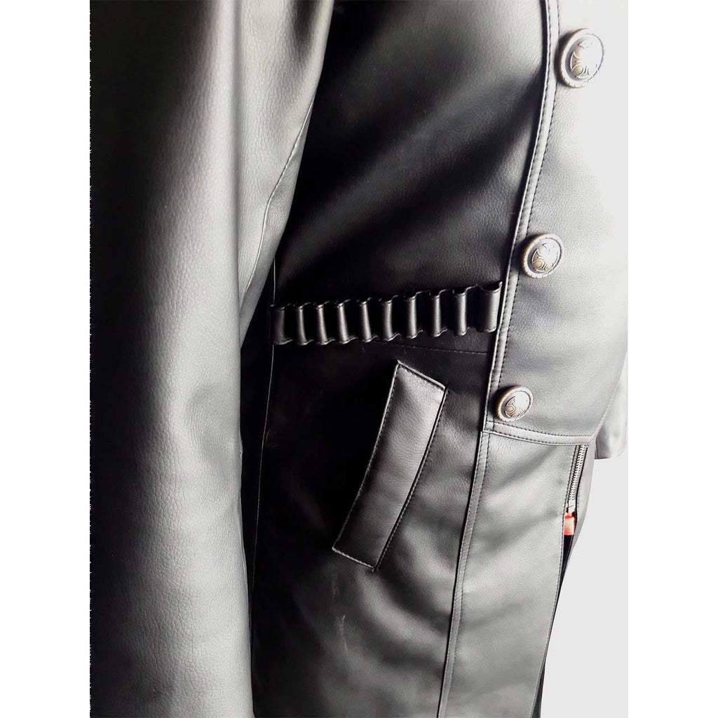 Men's Black Leather Hooded Coat – Side Zip, Strap Belts, view 2