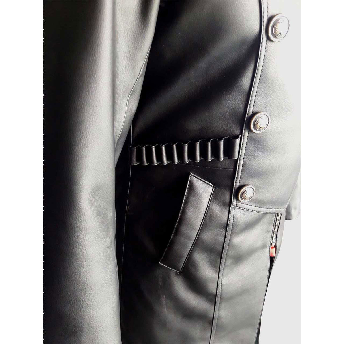 Men's Black Leather Hooded Coat – Side Zip, Strap Belts, view 2