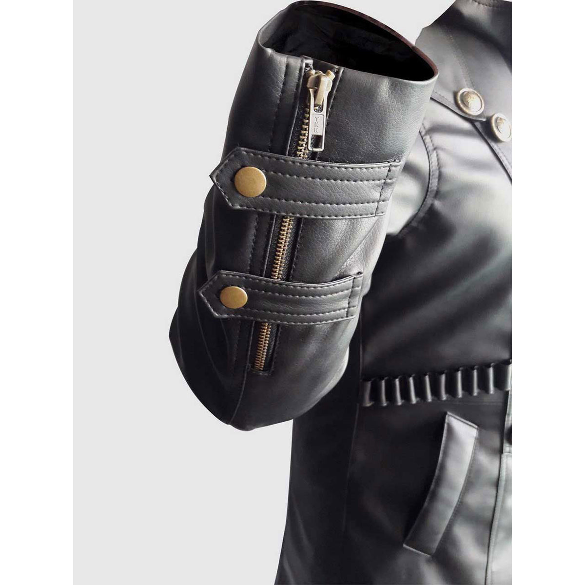 Men's Black Leather Hooded Coat – Side Zip, Strap Belts, view 3