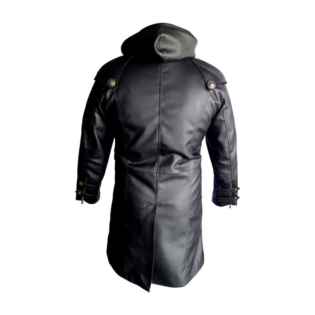 Men's Black Leather Hooded Coat – Side Zip, Strap Belts, view 4