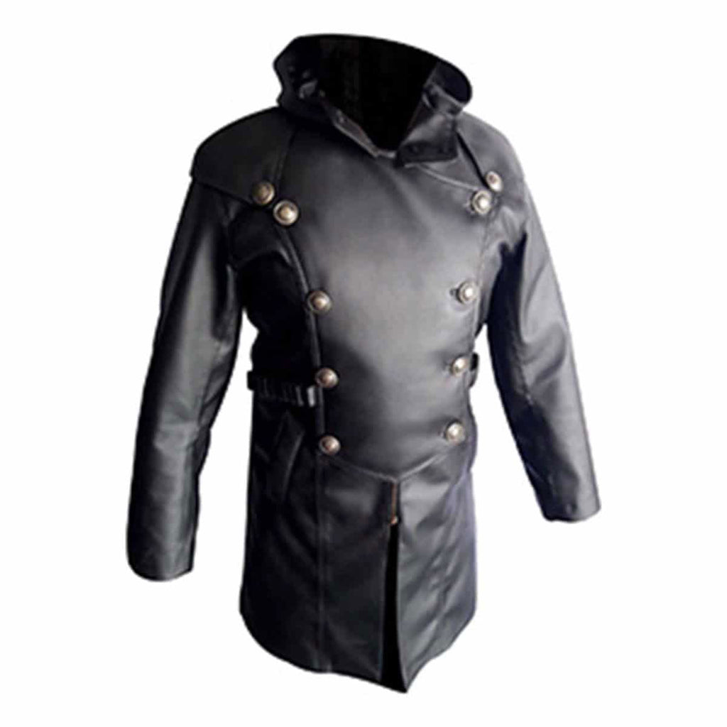 Men's Black Leather Hooded Coat – Side Zip, Strap Belts, view 5