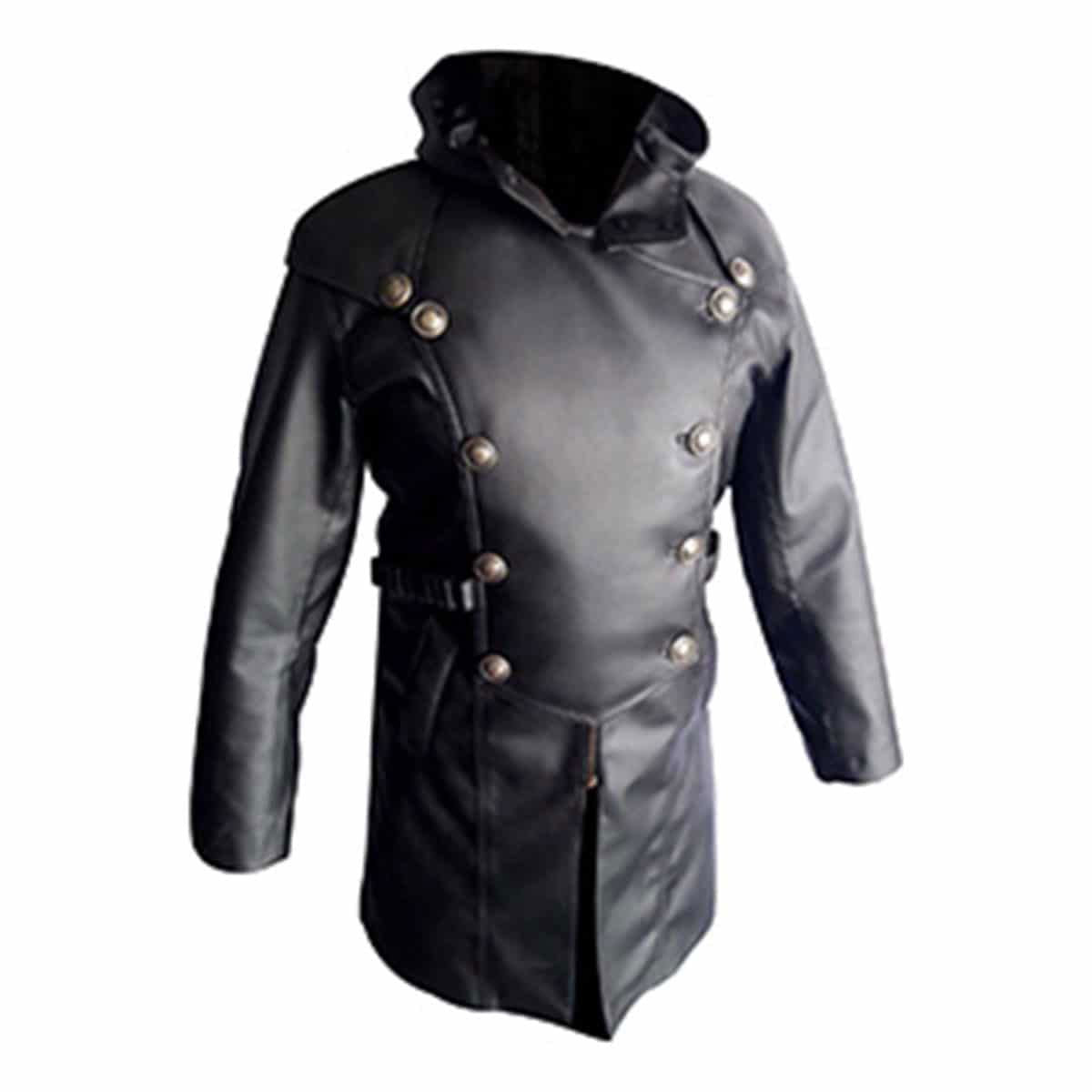 Men's Black Leather Hooded Coat – Side Zip, Strap Belts, view 5