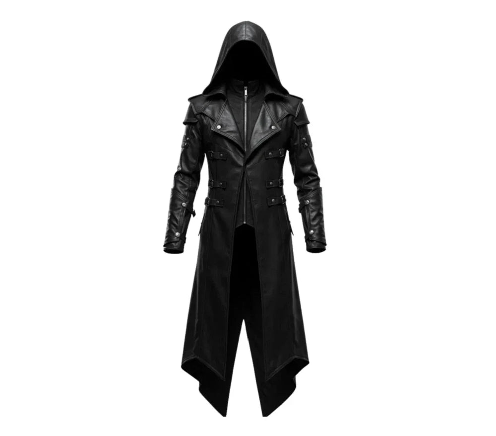Men's Black Leather Hooded Long Coat