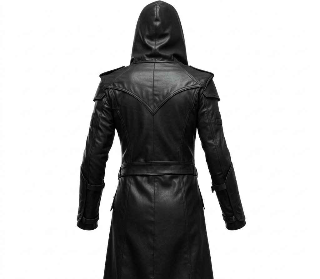 Men's Black Leather Hooded Long Coat, view 2