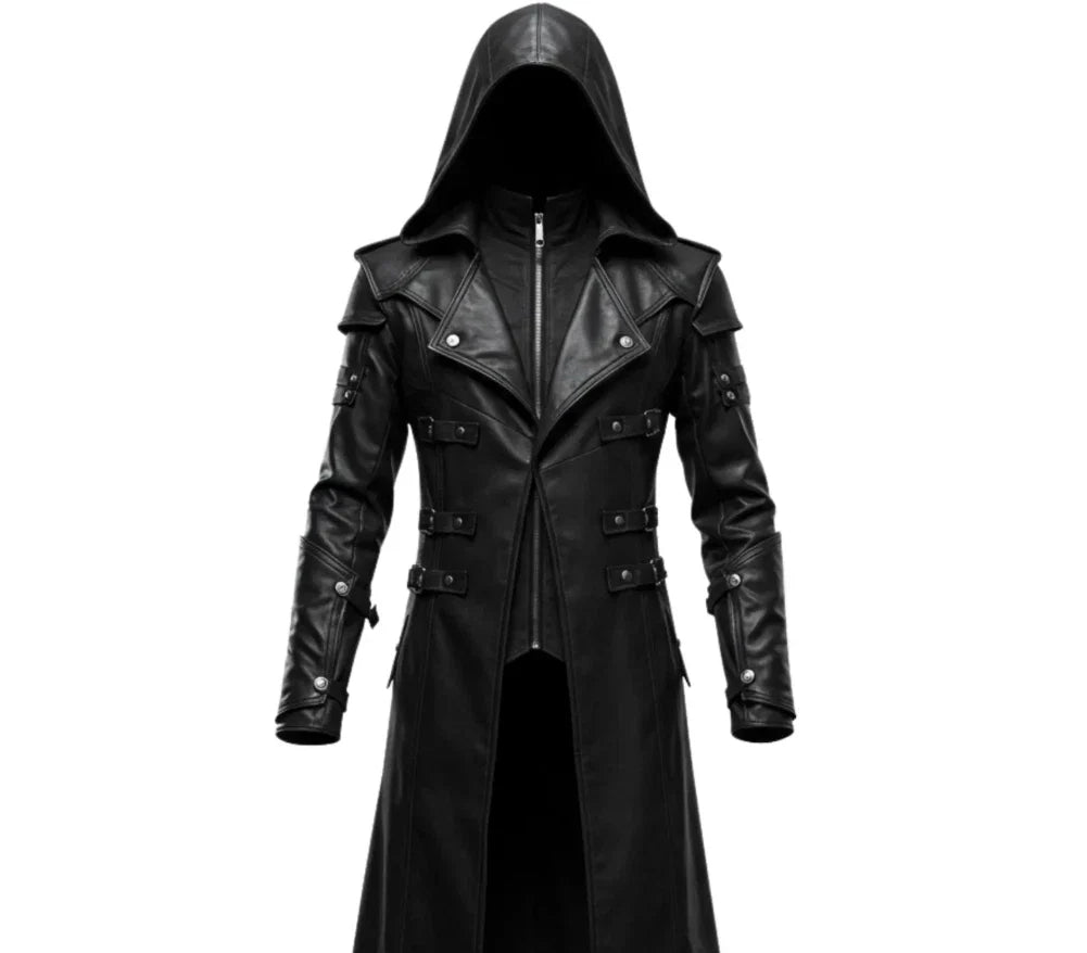 Men's Black Leather Hooded Long Coat, view 3