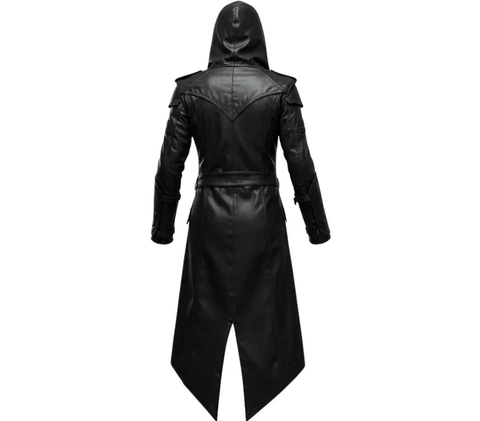 Men's Black Leather Hooded Long Coat, view 4