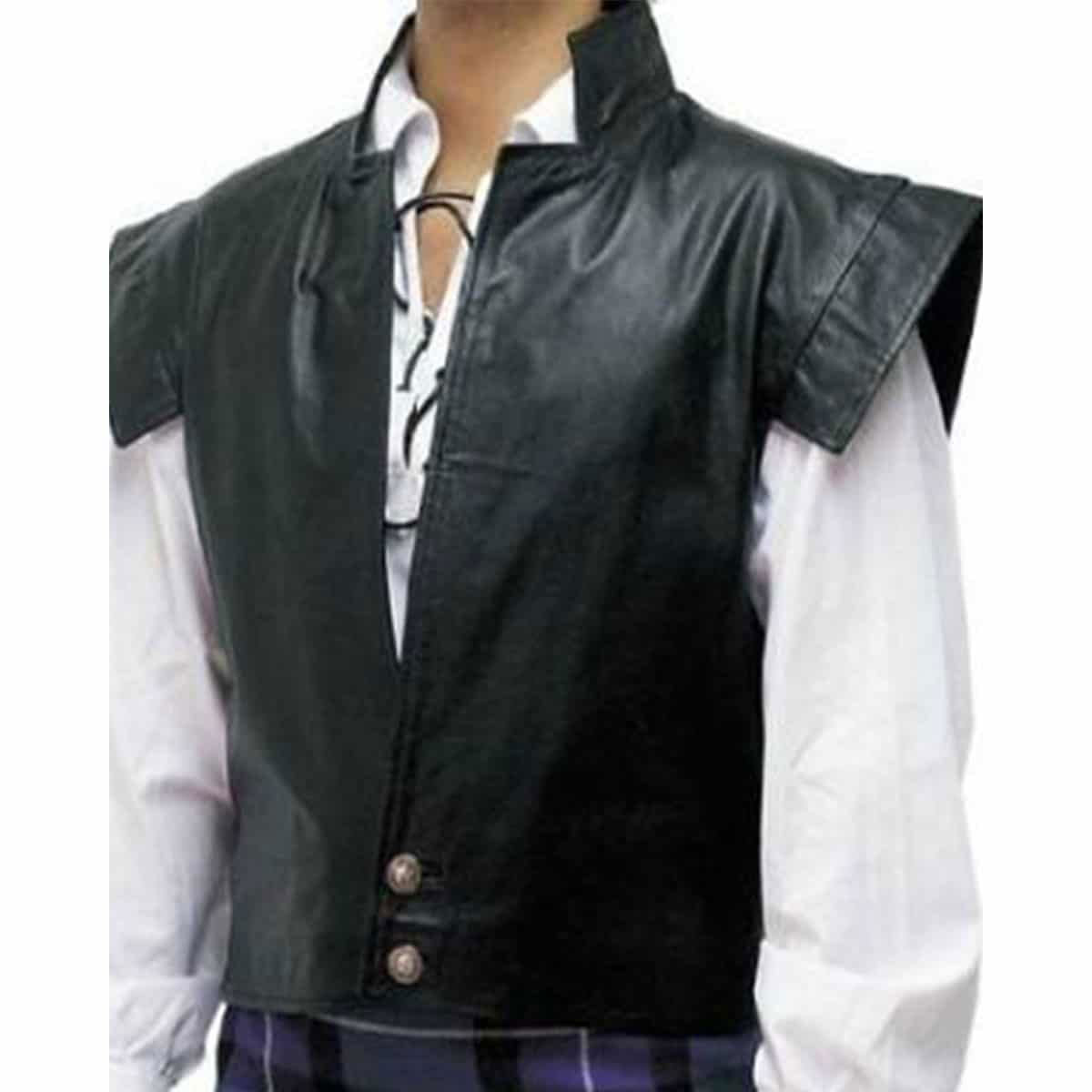 Men's Black Leather Jacobite Waistcoat & Kilt Set