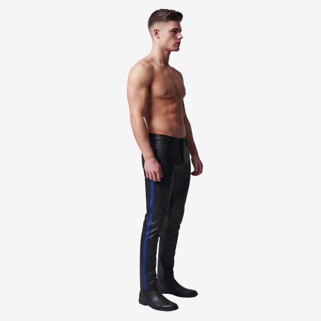 Men's Black Leather Jeans – Blue Side Stripe