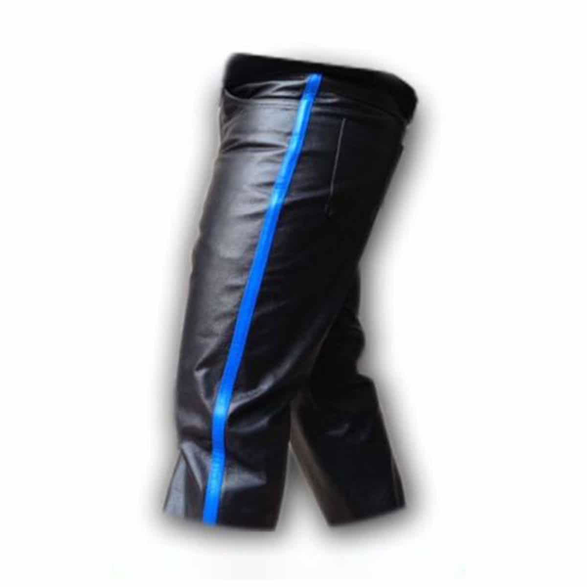 Men's Black Leather Jeans – Blue Side Stripe, view 4