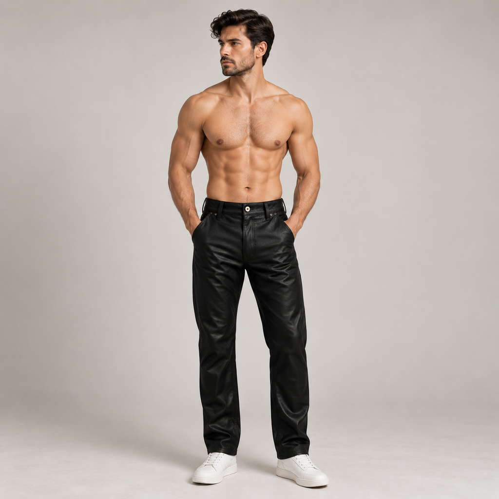 Men's Black Leather Jeans – Plain One-Panel