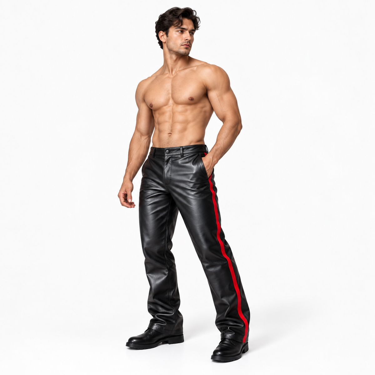 Men's Black Leather Jeans – Red Side Stripe